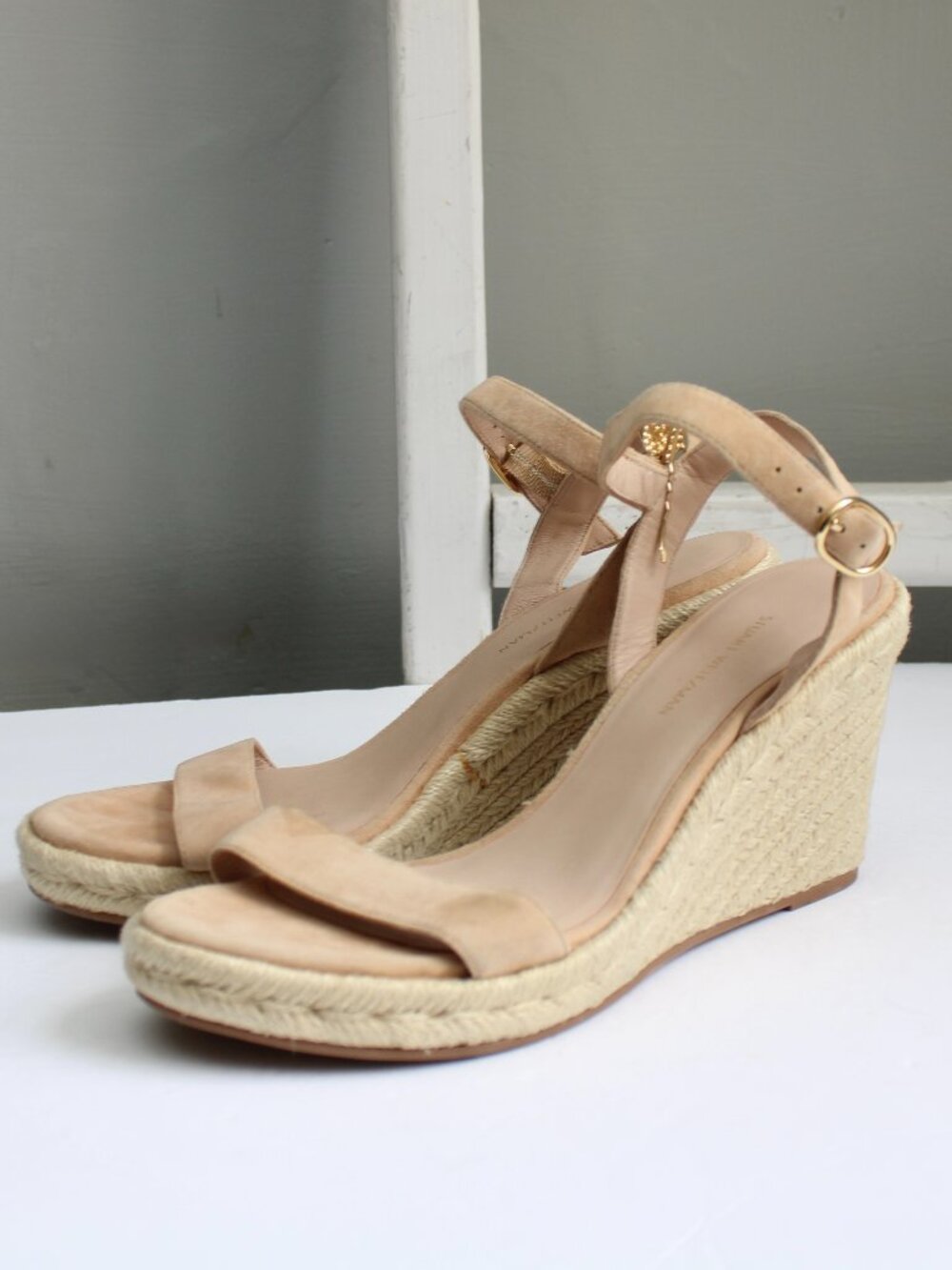 Stuart Weitzman Teddi Espadrille Wedge Heel Sandals Tan Cream Size 9 - Picture 2 of 10